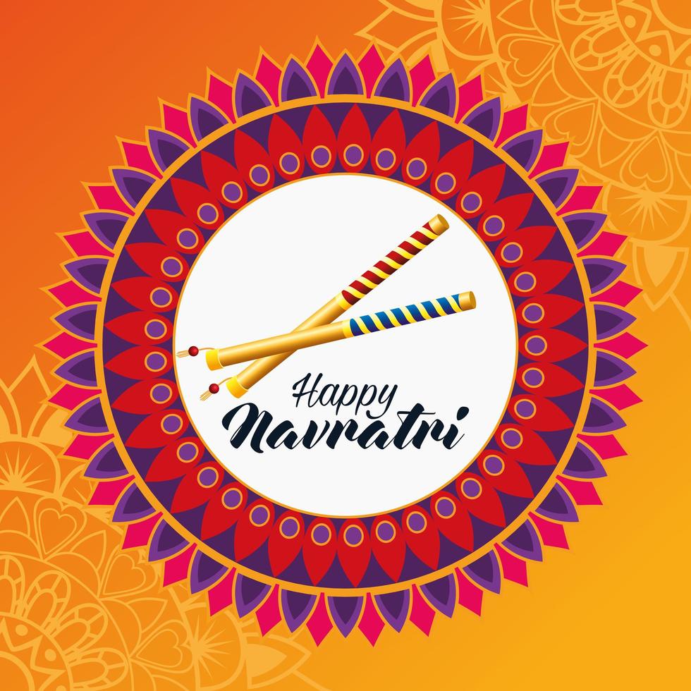 cartão de celebração navratri feliz com varas e mandala vetor