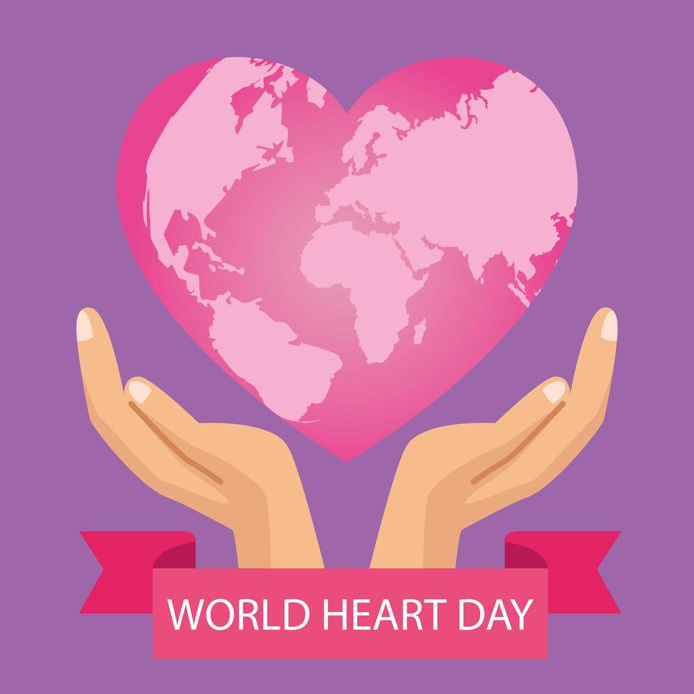 letras do dia mundial do coração com as mãos protegendo o coração rosa e a moldura da fita vetor
