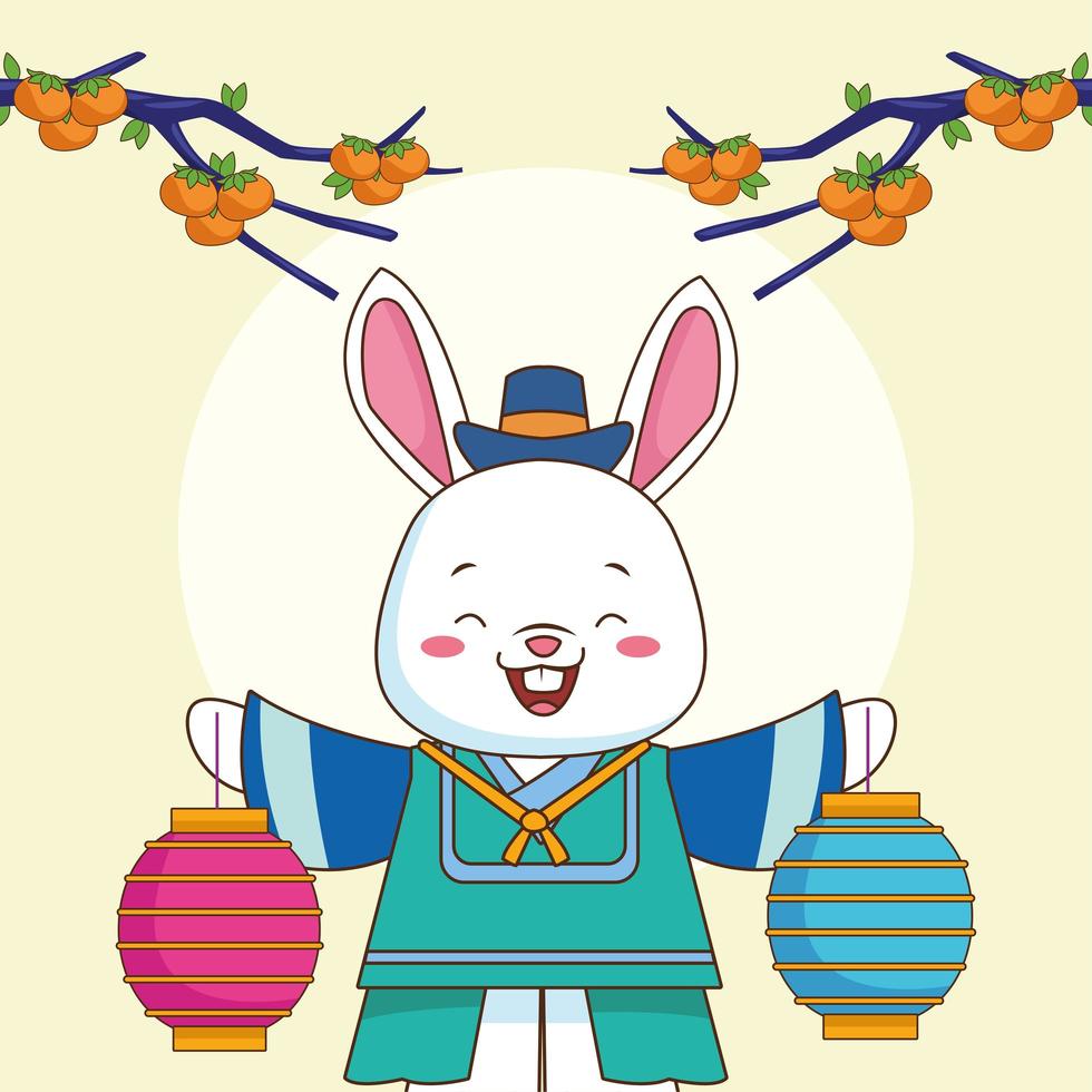 feliz celebração chuseok com coelho levantando lâmpadas e laranjas na árvore vetor
