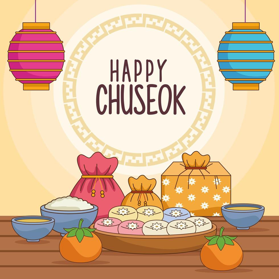 celebração chuseok feliz com comida e lanternas penduradas vetor