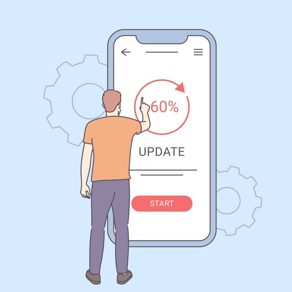 conceito de instalação de software de integração de atualização de sistema jovem atualizando sistema operacional com atualização de software de barra de progresso e programa de instalação vetor