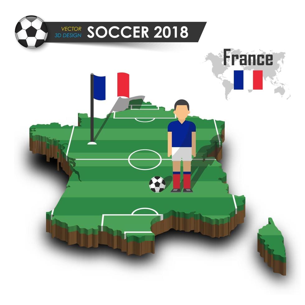 jogador de futebol da seleção nacional de futebol da França e bandeira no mapa do país de design 3D isolado vetor de fundo para o conceito de torneio do campeonato mundial internacional 2018