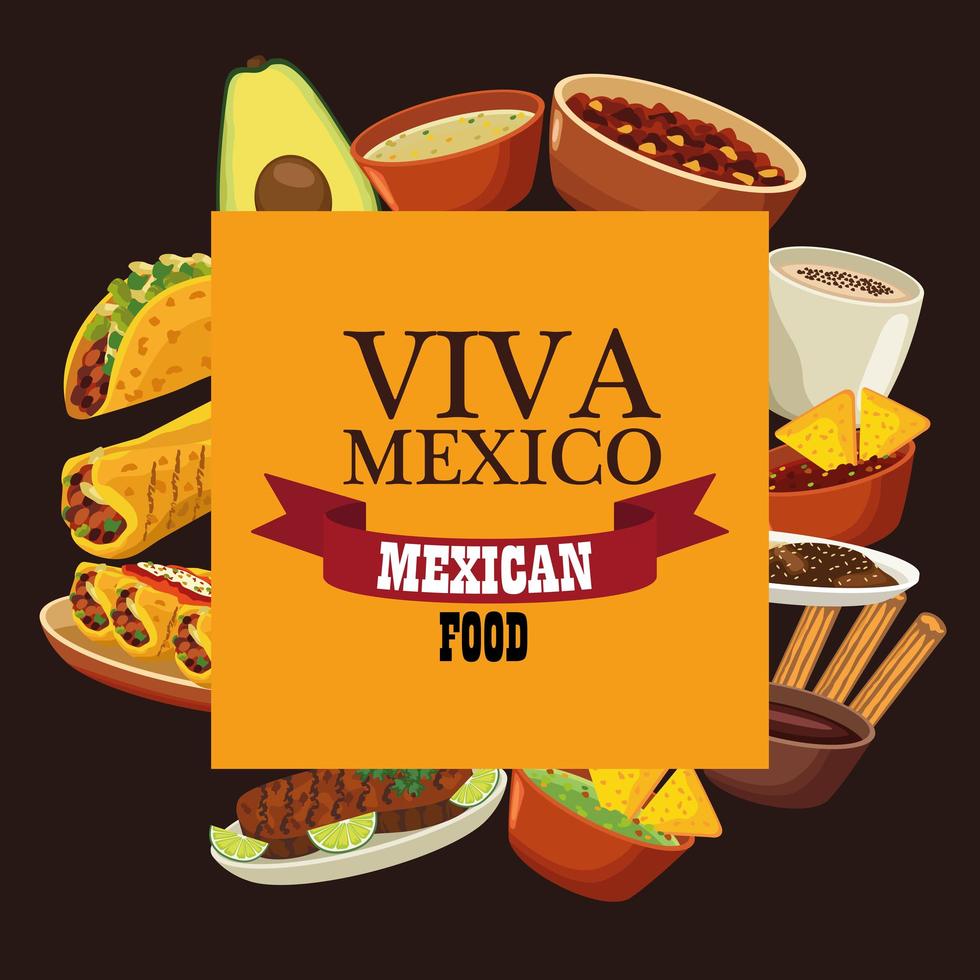 letras de viva mexico e pôster de comida mexicana com menu em moldura quadrada vetor