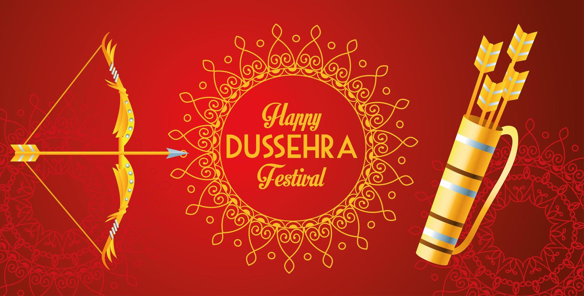 poster feliz festival dussehra com arco e bolsa de flechas em fundo vermelho vetor