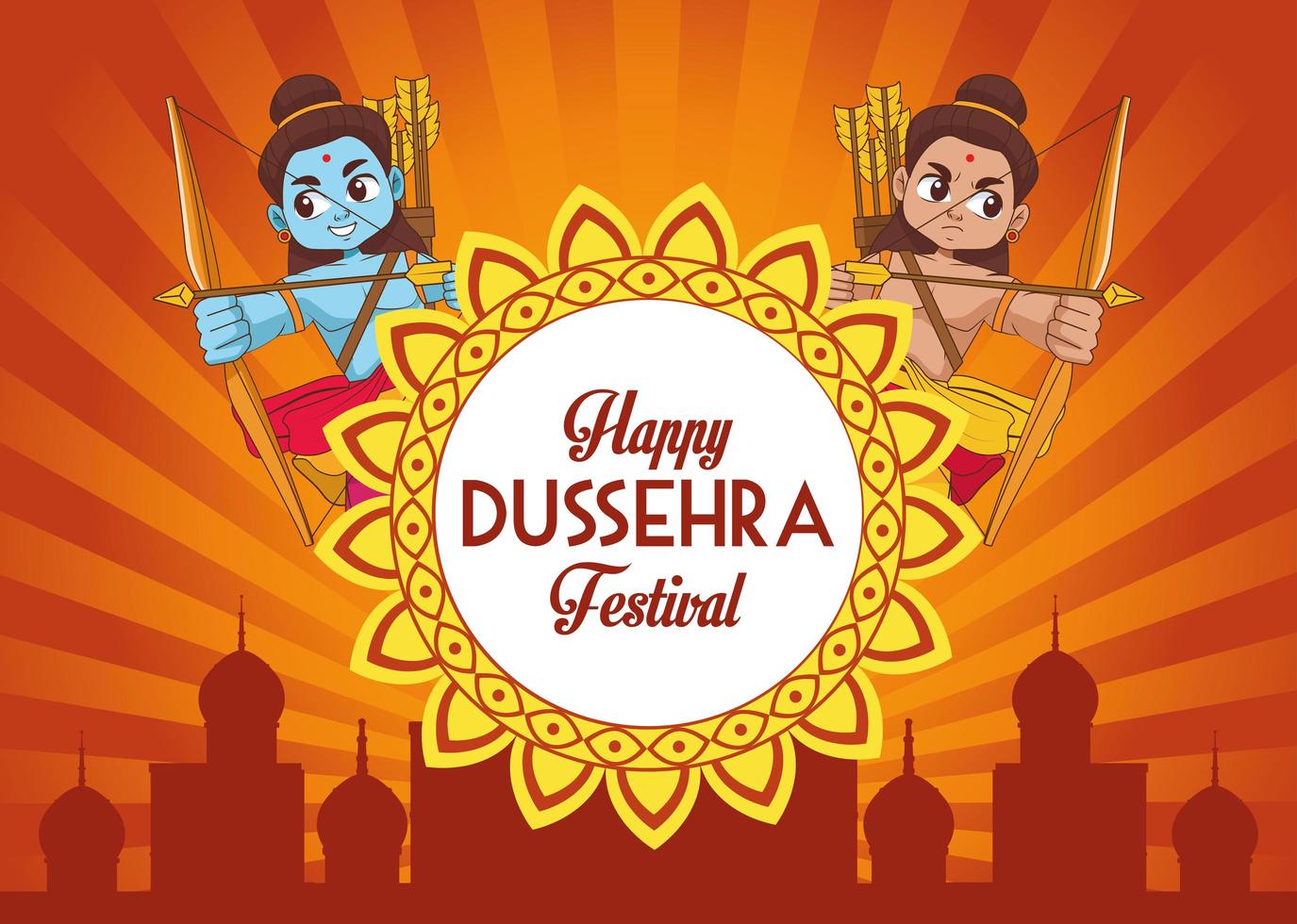 poster feliz festival dussehra com dois personagens rama e moldura de mandala vetor