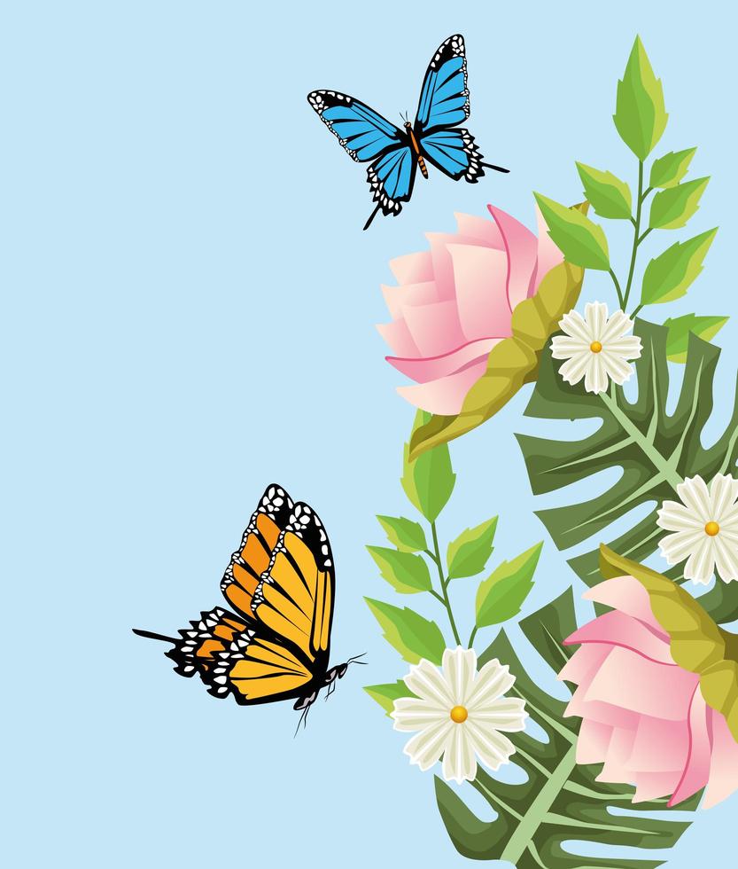 fundo floral com flores e cena de borboletas vetor