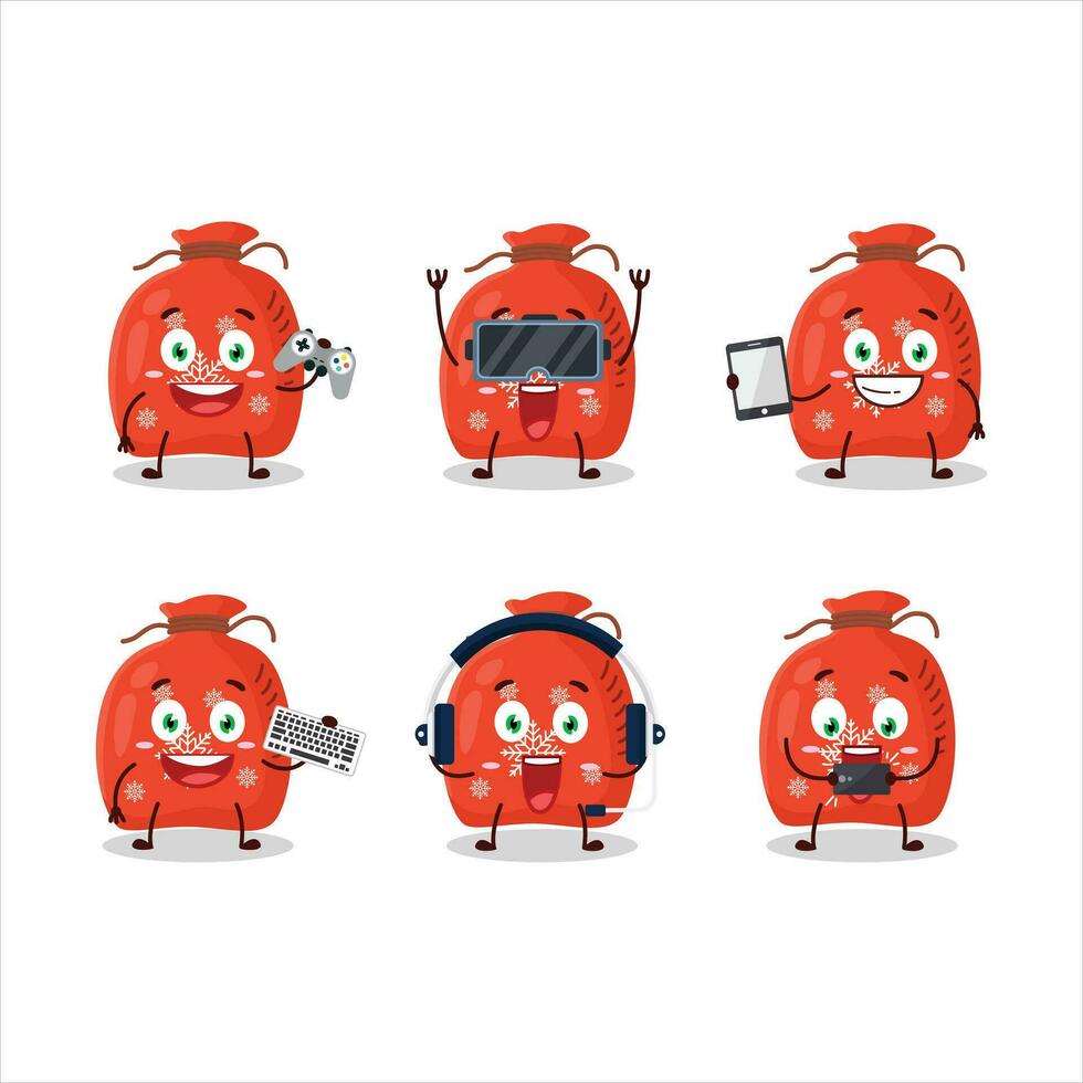 vermelho santa saco desenho animado personagem estão jogando jogos com vários fofa emoticons vetor