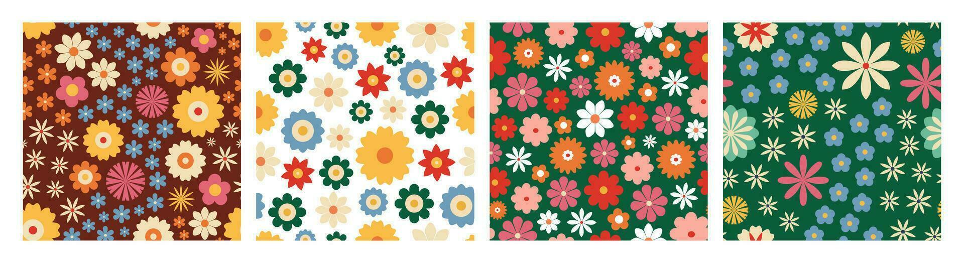 conjunto do Anos 70 retro floral desatado padrões. digital papel, fundo. retro romântico flores, Prado, verão tempo. primavera, outono flores nostalgia vintage. vetor