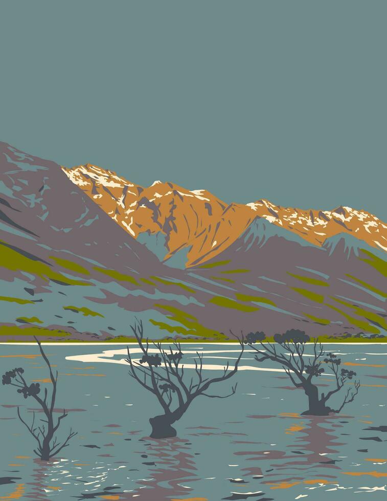 lago wanaka dentro glenorquia Otago sul ilha Novo zelândia wpa arte deco poster vetor