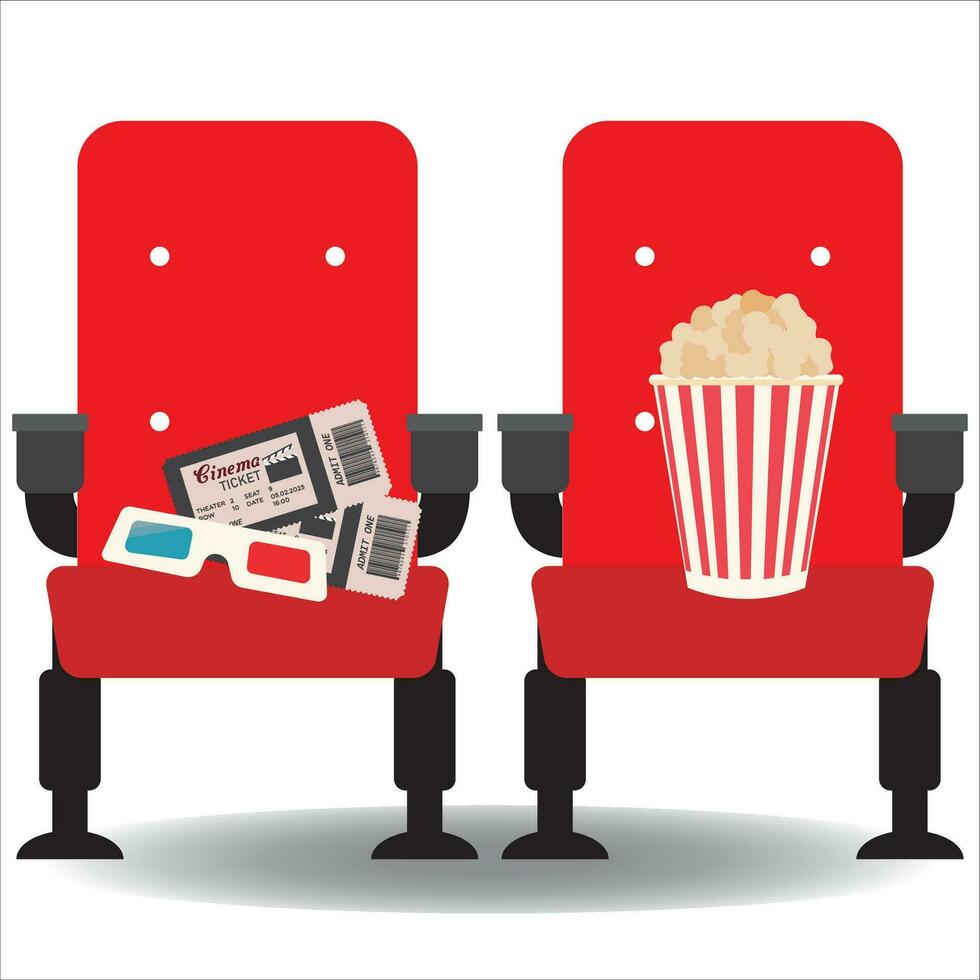 cinema corredor cadeira, Pipoca, 3d copos, bilhetes ícone vetor ilustração símbolo