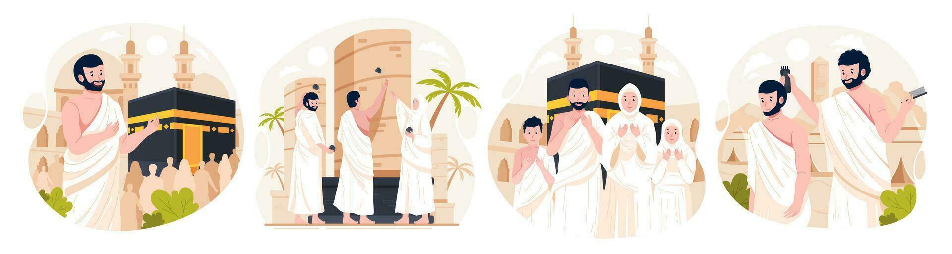 ilustração conjunto do islâmico hajj peregrinação. muçulmano pessoas executa islâmico hajj peregrinação. homem e mulher hajj personagens vestem ihram roupas com uma kaaba fundo. vetor ilustração