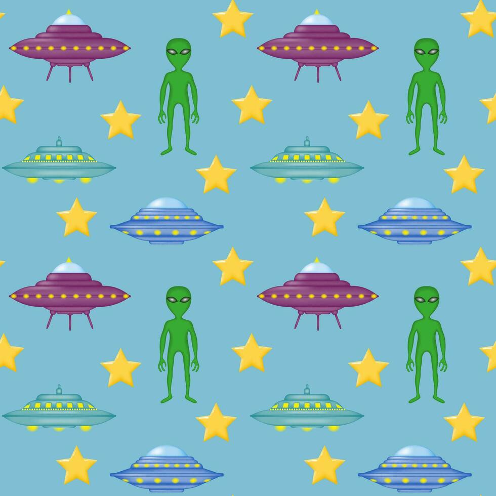fofa fundo com desenho animado OVNIS, verde estrangeiro, estrelas em azul. espaço infantil desatado padronizar. UFO fundo. vetor ilustração.