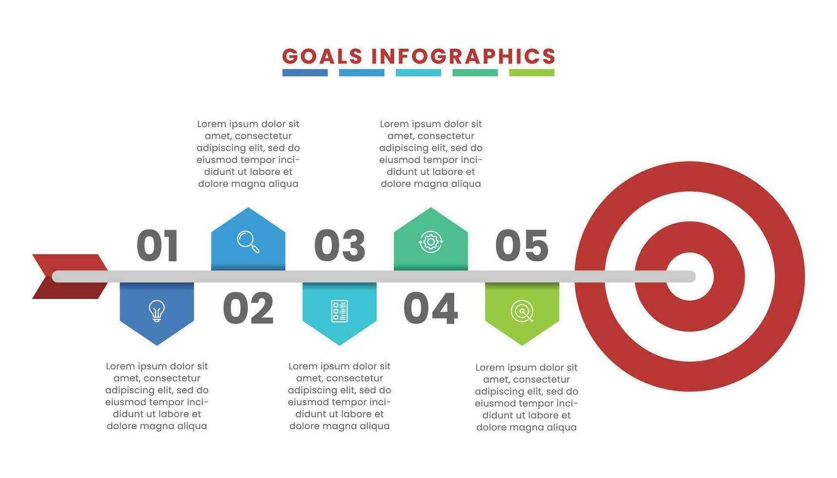 objetivo infográfico modelo Projeto com cinco passos e ícones vetor