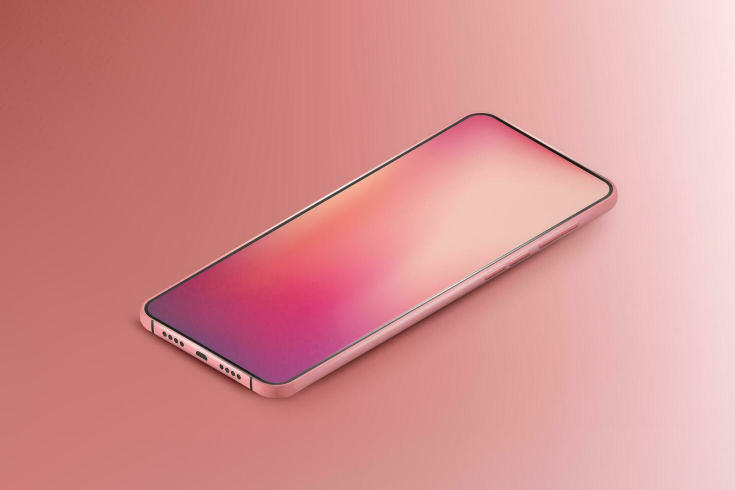 realista isométrico Smartphone brincar dentro caloroso cores. 3d Móvel telefone com gradiente tela. moderno célula telefone modelo em gradiente fundo vetor