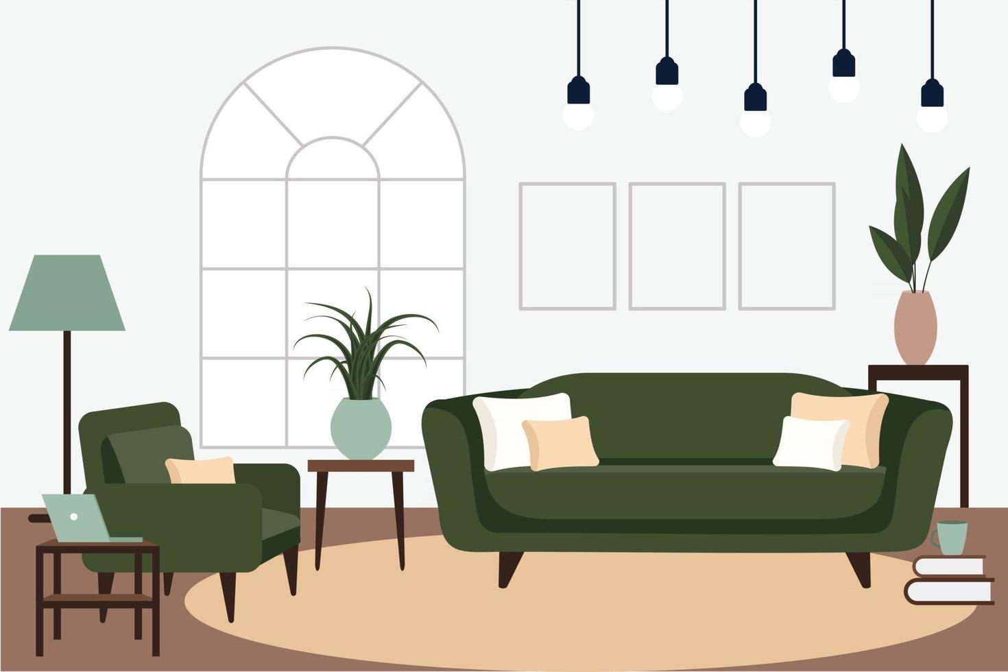 interiores elegantes de apartamentos em estilo escandinavo com decoração moderna e aconchegante sala de estar mobiliada vetor