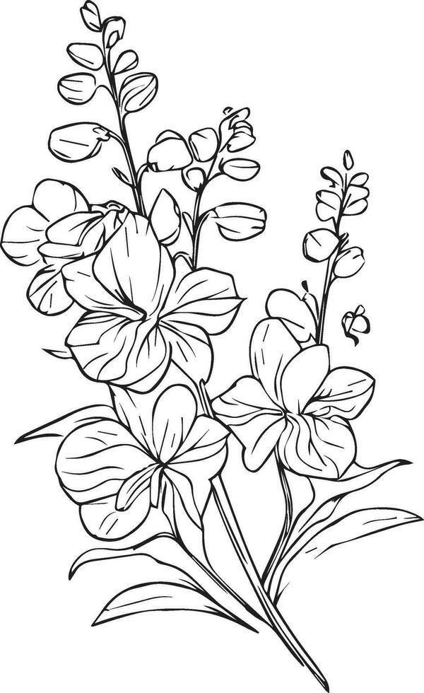 pequeno minimalista Larkspur tatuagem, lápis delfínio desenho, esboço Larkspur flor desenho, Larkspur linha desenho, flor tatuagem desenhos, flor coloração Páginas, pré escola flores coloração Páginas vetor