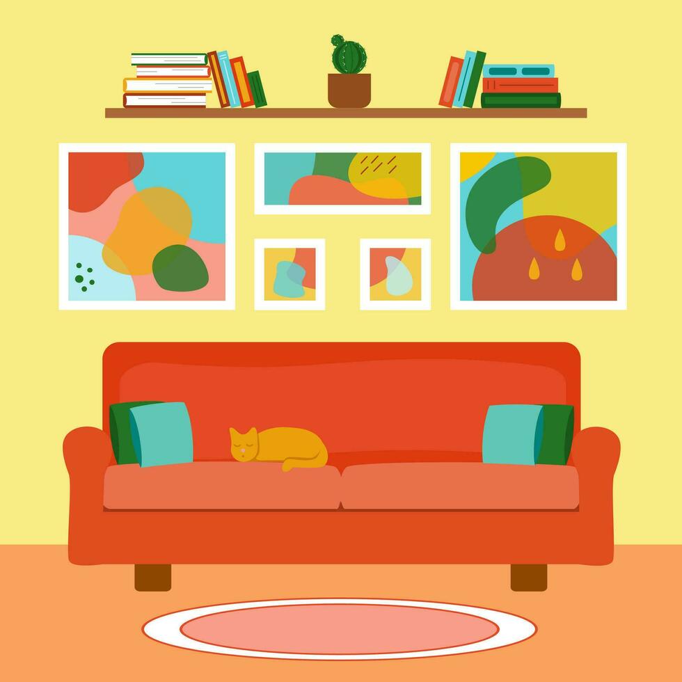 interior do a vivo sala. retro vermelho sofá com travesseiros, estante de livros e abstrato pinturas. animal gato dormindo em sofá. plano estilo vetor ilustração