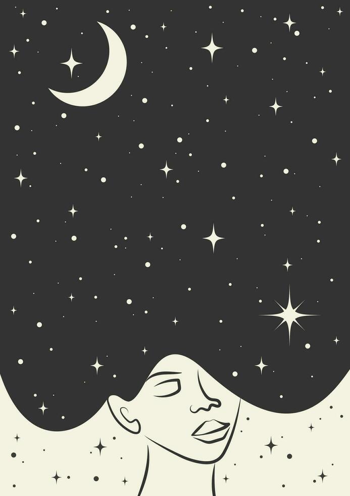 perfil do uma menina com a cabelo cheio do estrelas poster ilustração. vetor