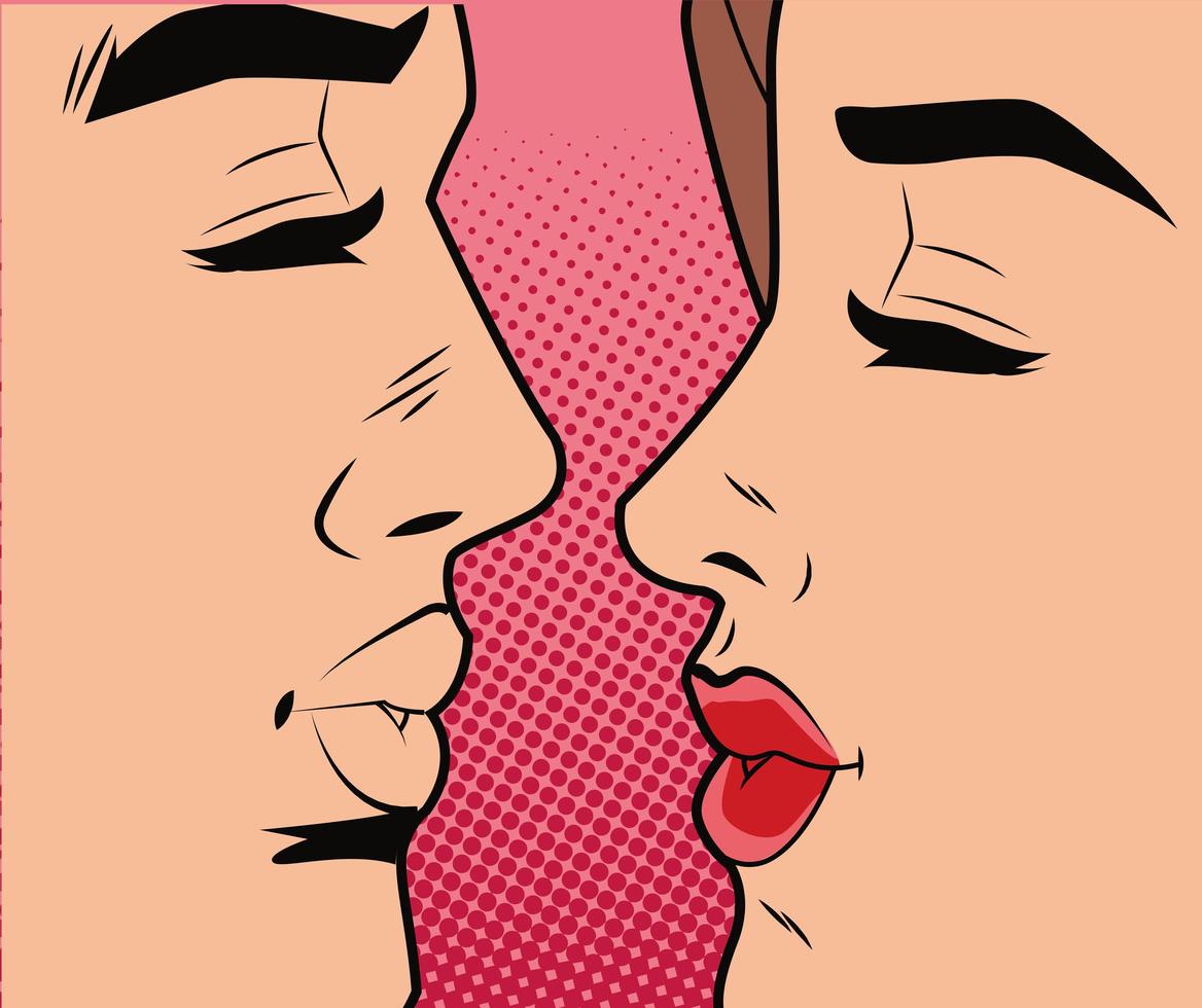 jovem casal beijando personagens estilo pop art vetor