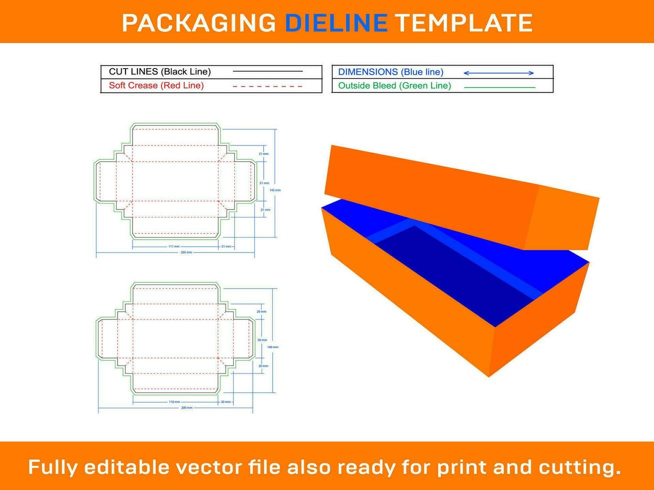 retângulo caixa com tampa dieline modelo vetor