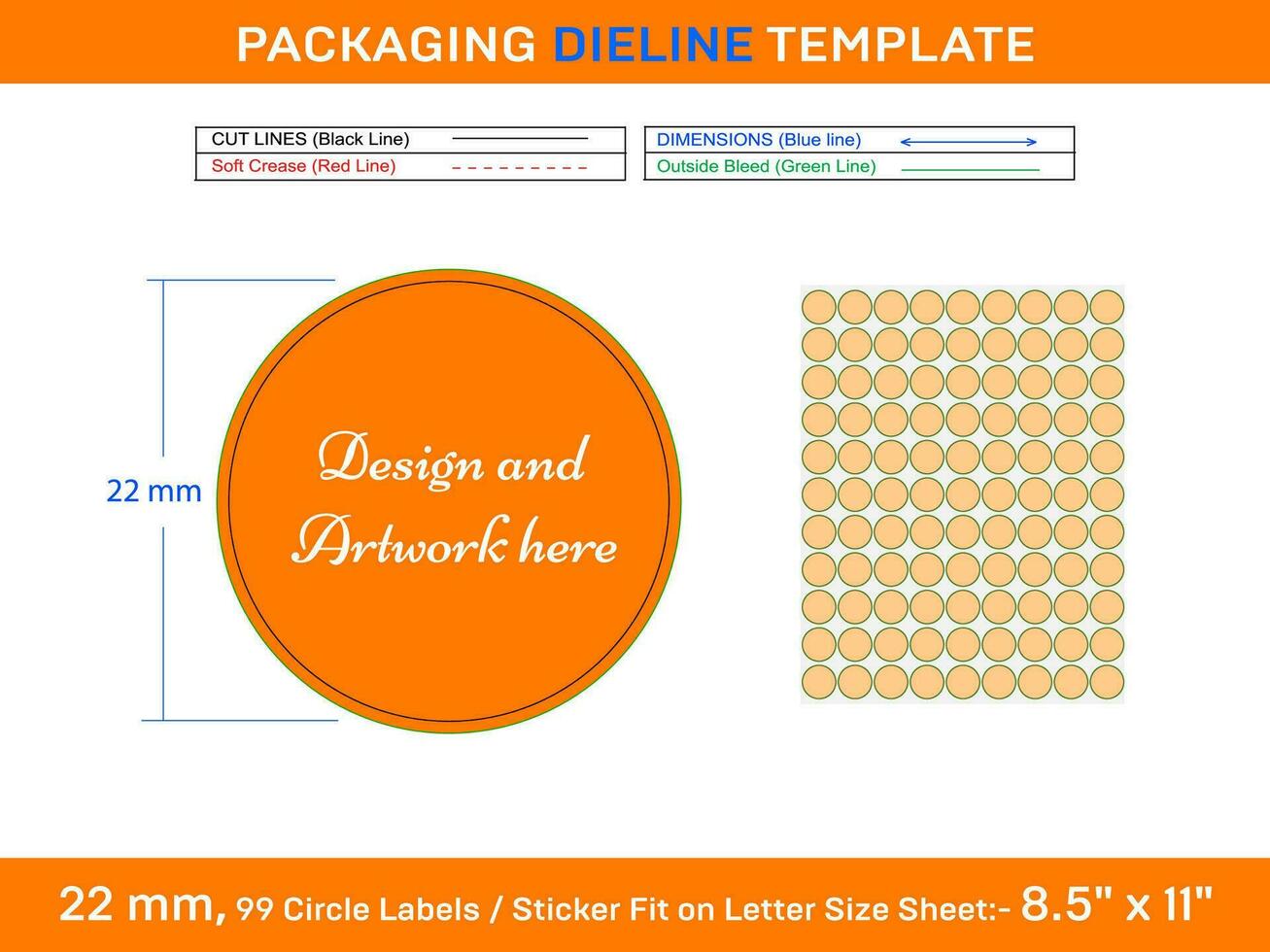 99 unidades 22 milímetros círculo ou volta rótulo adesivo dieline modelo vetor