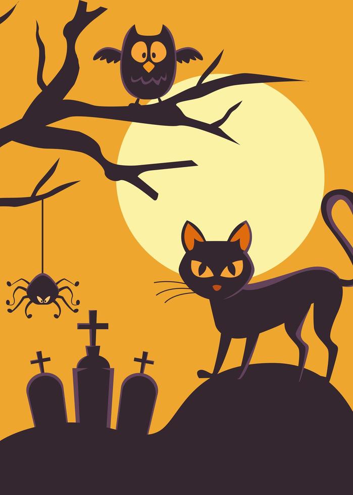 cartão de feliz dia das bruxas com gato preto e coruja no cemitério vetor