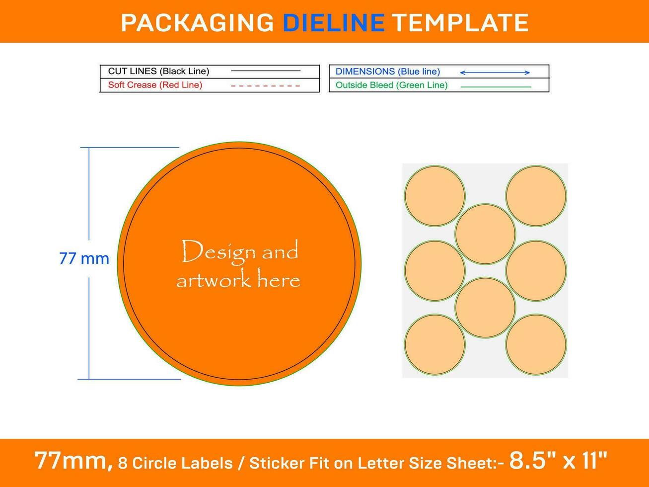 8 unidades 77 milímetros círculo etiquetas adesivo dieline modelo vetor