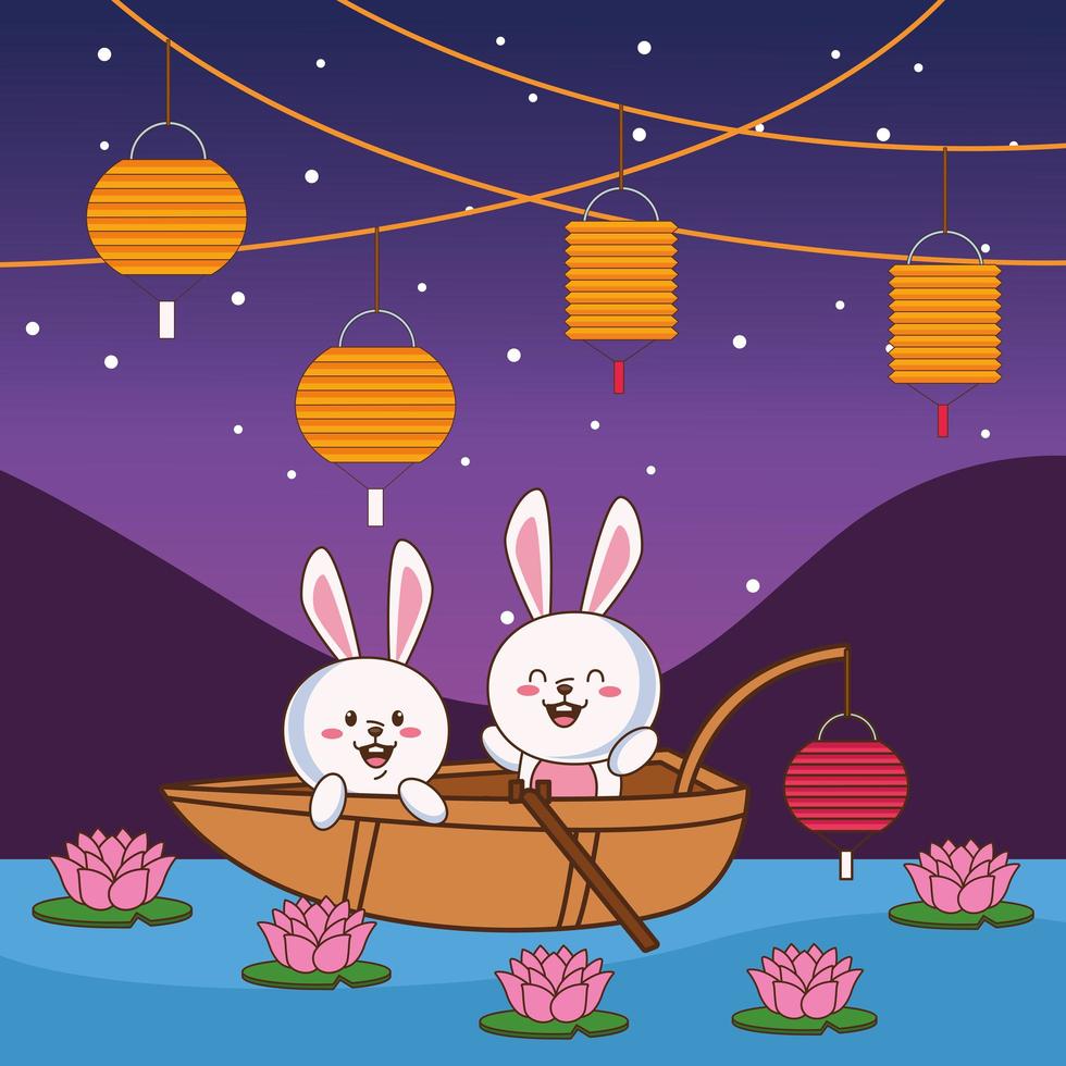 cartão de comemoração do meio do outono com casal de coelhinhos na cena do barco vetor