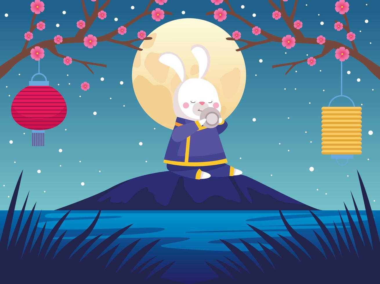 cartão de celebração do meio do outono com cena de coelho e lua cheia vetor
