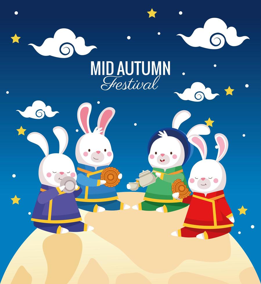 cartão de celebração do meio do outono com coelhos em cena de lua cheia vetor