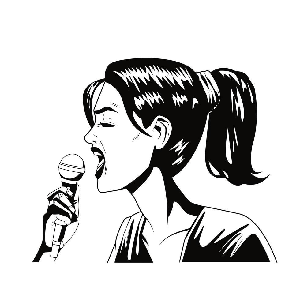 jovem cantando com microfone no estilo pop art de personagem vetor