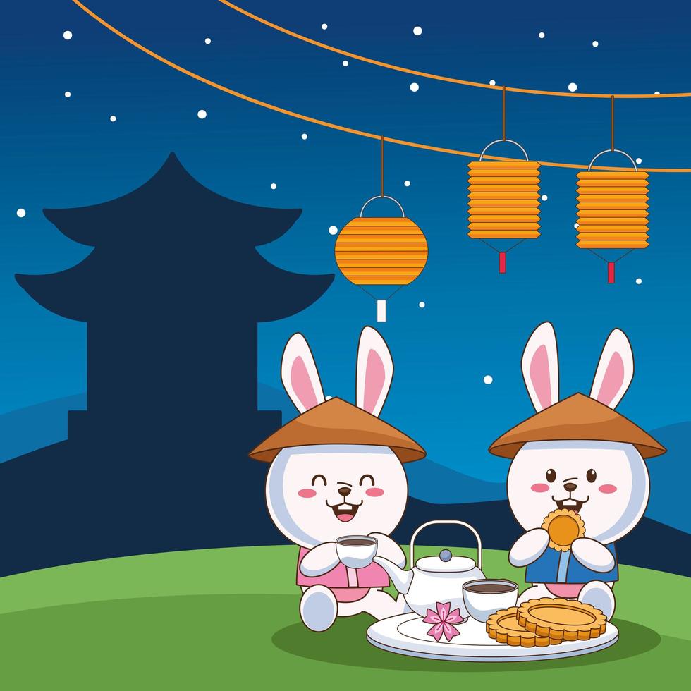 cartão de celebração do meio do outono com casal de coelhinhos comendo no acampamento vetor