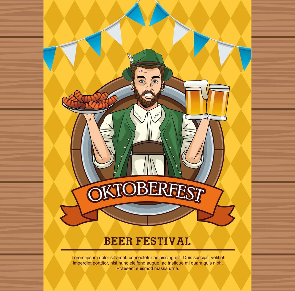 Cartão de celebração da oktoberfest com um alemão levantando cervejas e salsichas vetor