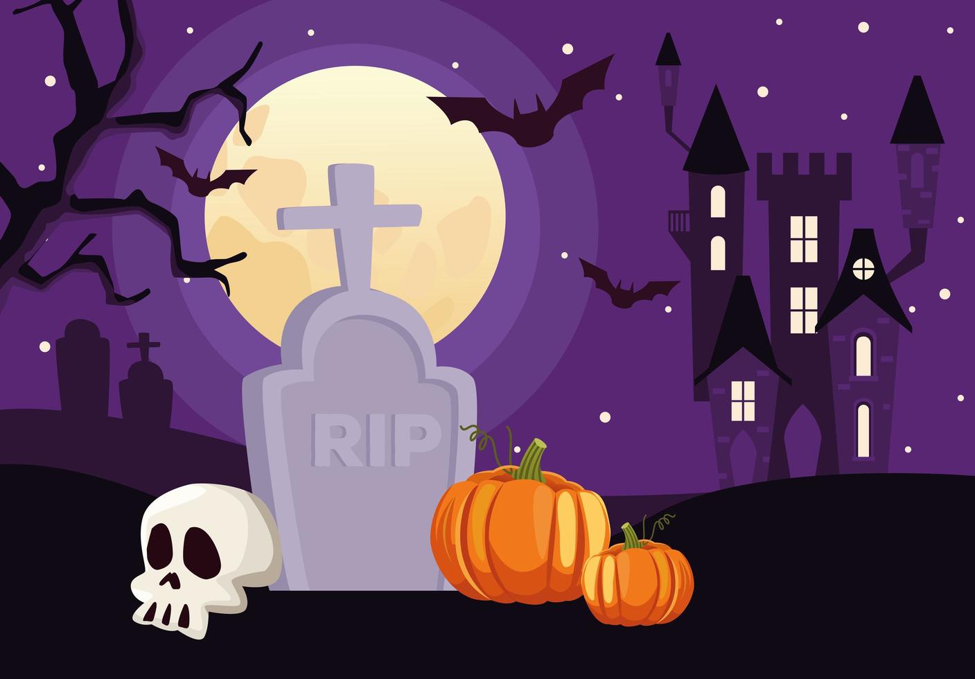 cartão de feliz dia das bruxas com caveira e abóbora na cena do cemitério vetor