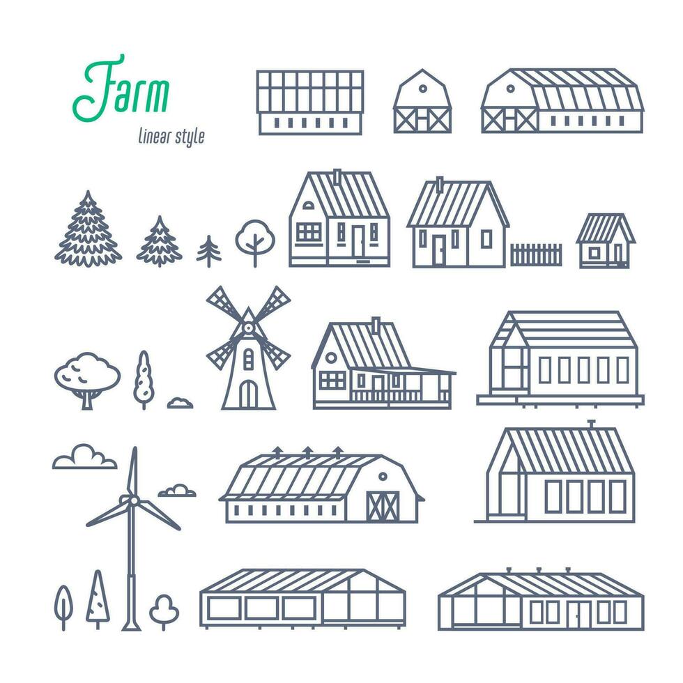 Fazenda edifícios e elementos ícones definir. vários rural casas, estufas e de madeira edifícios. esboço estilo vetor ilustração em branco fundo.