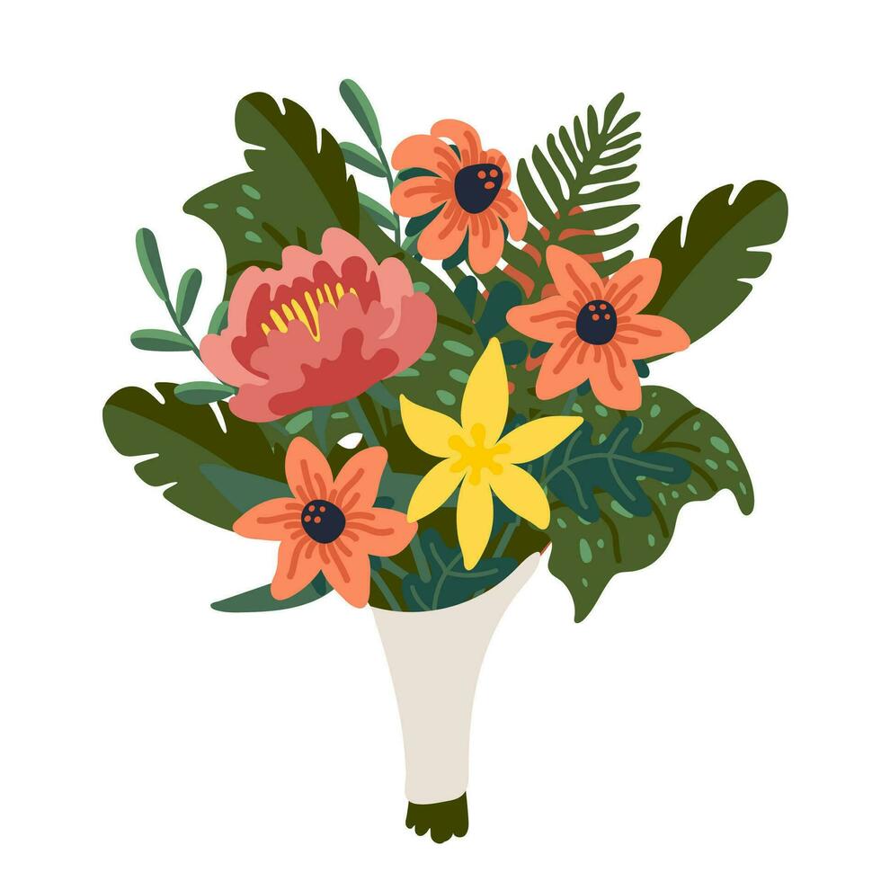 flor ramalhete, grupo do Rosa e amarelo flores e verde galhos. vetor ilustração dentro plano desenho animado estilo em branco fundo.