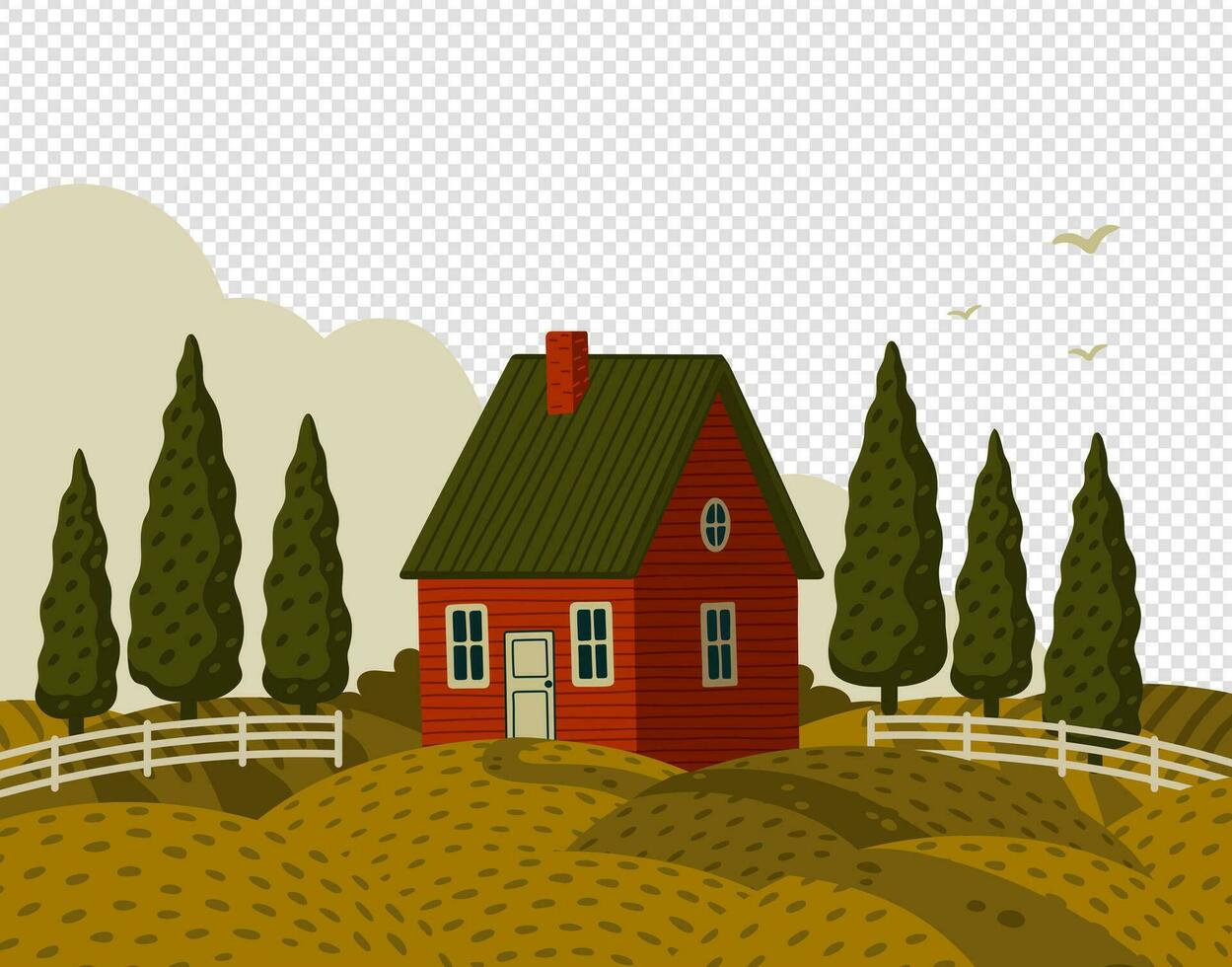 Vila panorama. rural panorama com vermelho Fazenda casa dentro rústico estilo em verde campo com ciprestes. vetor