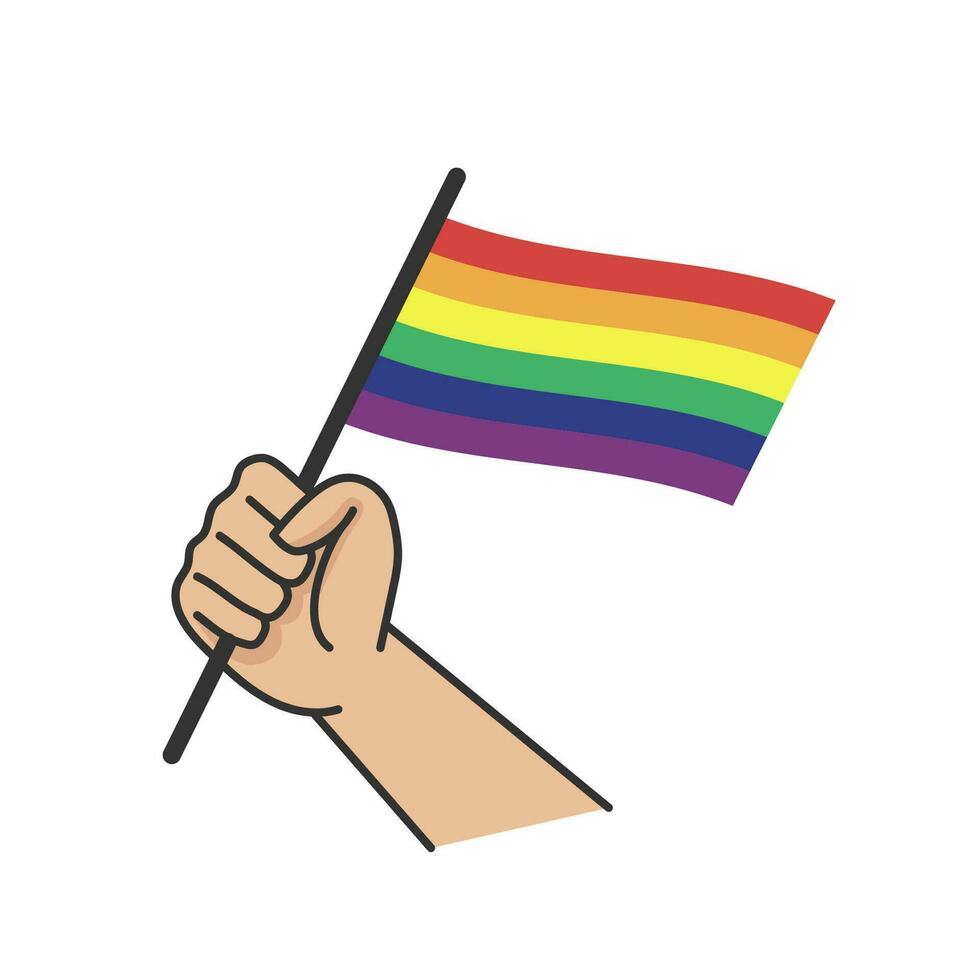 mão segurando lgbt arco Iris bandeira. desenho animado braço rabisco segurando orgulho símbolo. gênero diversidade representação. vetor