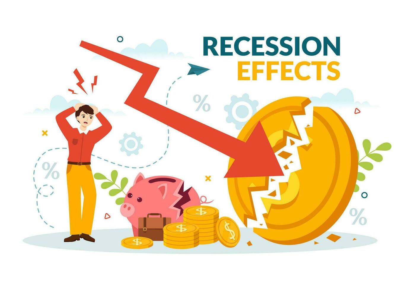 recessão efeitos vetor ilustração com impacto em econômico crescimento e econômico atividade declínio resultado dentro plano desenho animado mão desenhado modelos