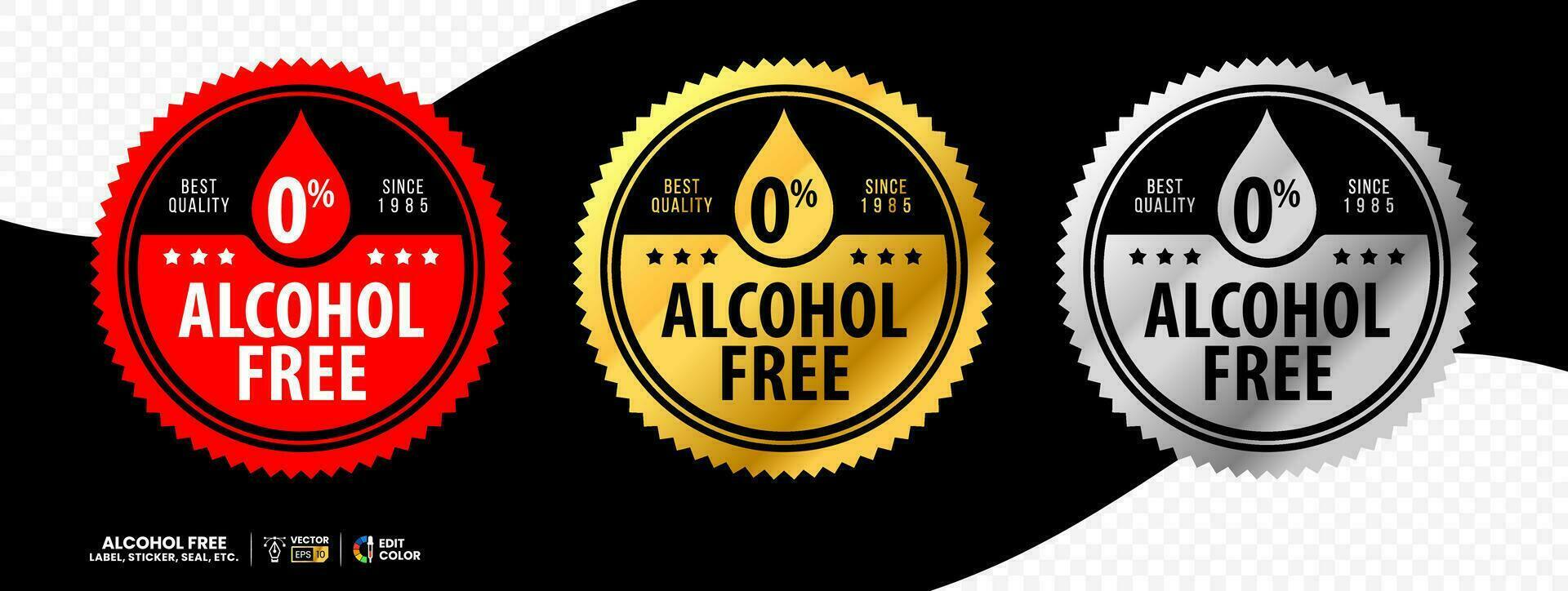 álcool livre zero por cento vetor rótulo com vermelho ouro e prata cor. adequado para ícone, logotipo, adesivo, selo, distintivo, emblema, carimbo, etc.