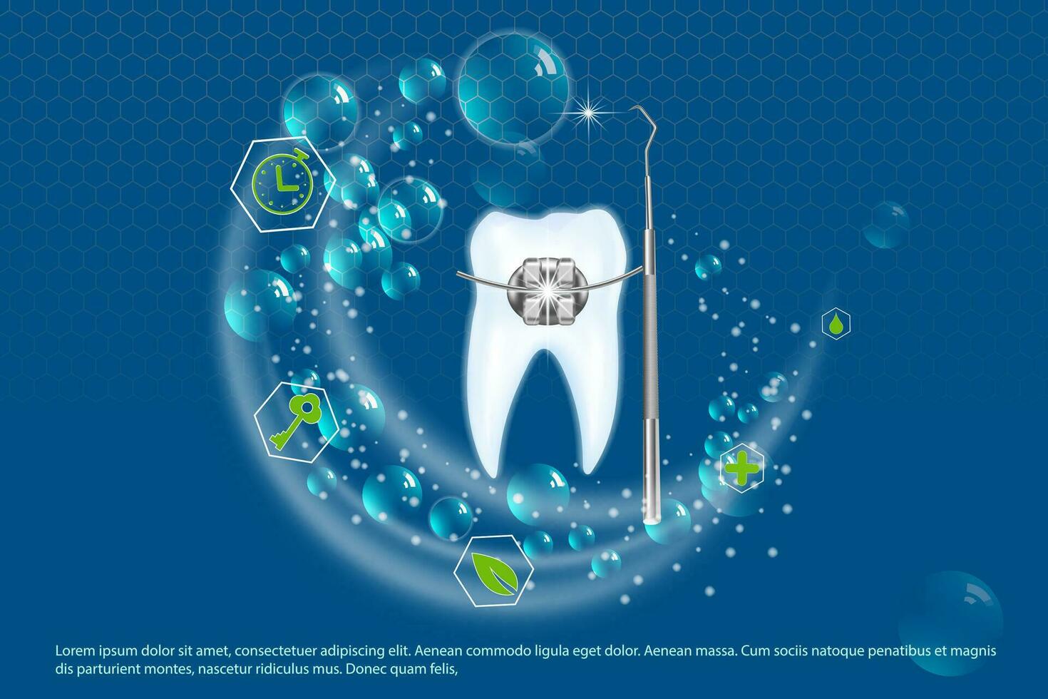 Ilustração em vetor 3D, dentes realistas com aparelho. alinhamento da mordida dos dentes, dentição com aparelho, aparelho dentário.