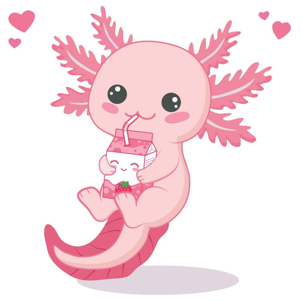 kawaii axolotl bebendo morango leite chá desenho animado vetor ilustração