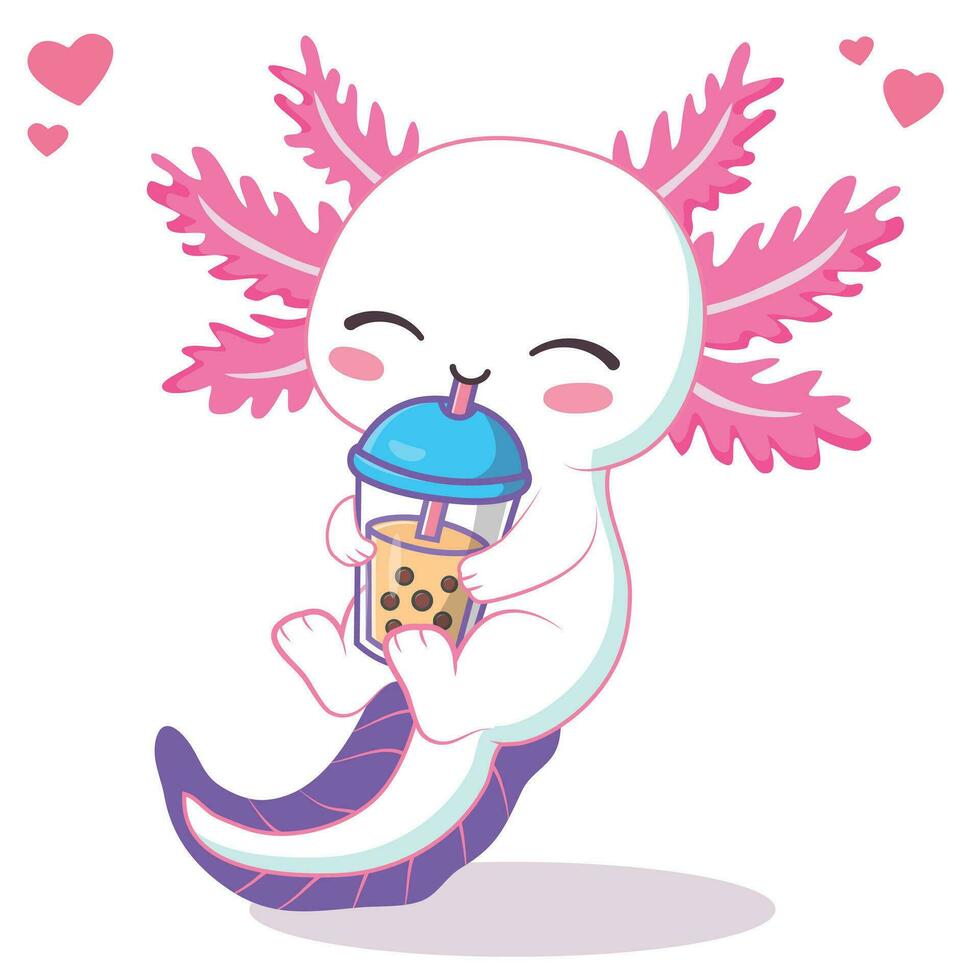 kawaii axolotl bebendo boba leite chá desenho animado vetor ilustração