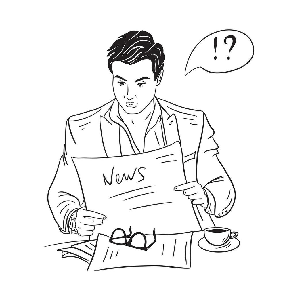 homem de negocios lendo financeiro notícia dentro jornal.doodle mão desenhado esboço.vetor ilustração. vetor