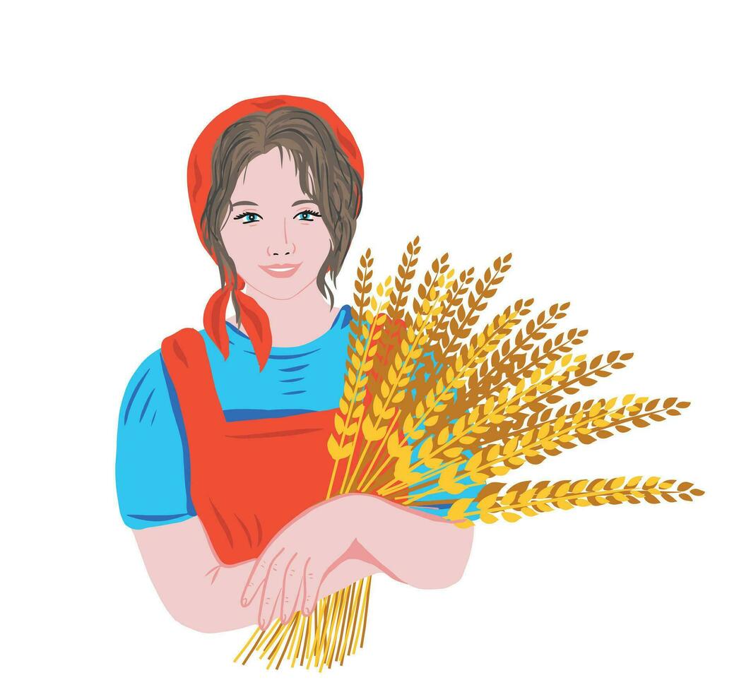 lindo mulher agricultor segurando uma trigo. trigo orelhas mão retirou. conjunto isolado vetor ilustração. mão feito.