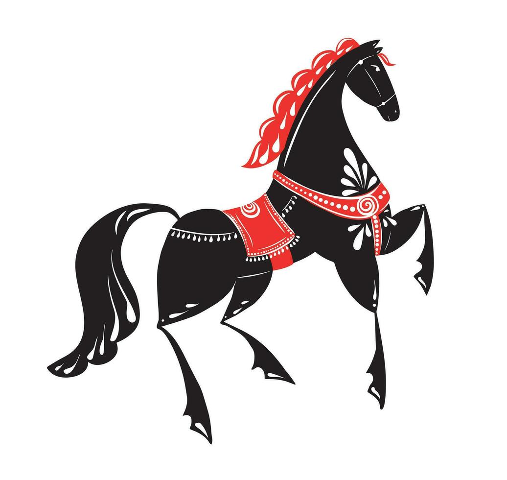 Preto cavalo com uma vermelho juba. russo cultura - gorodets pintura. mão desenhado desenho.fada conto cavalo mão desenhado imagem. vetor ilustração