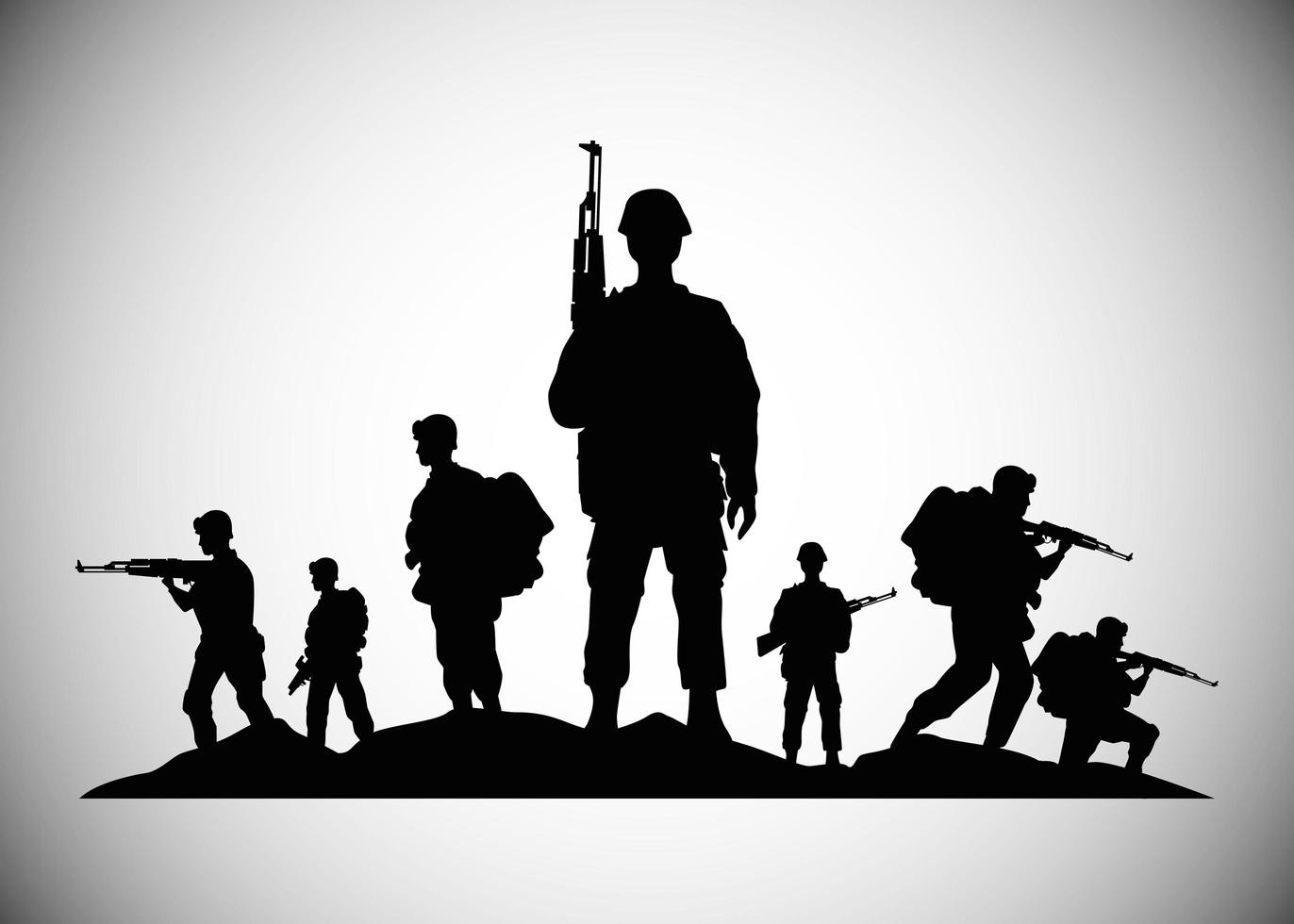 soldados militares com armas, silhuetas, figuras, ícones vetor