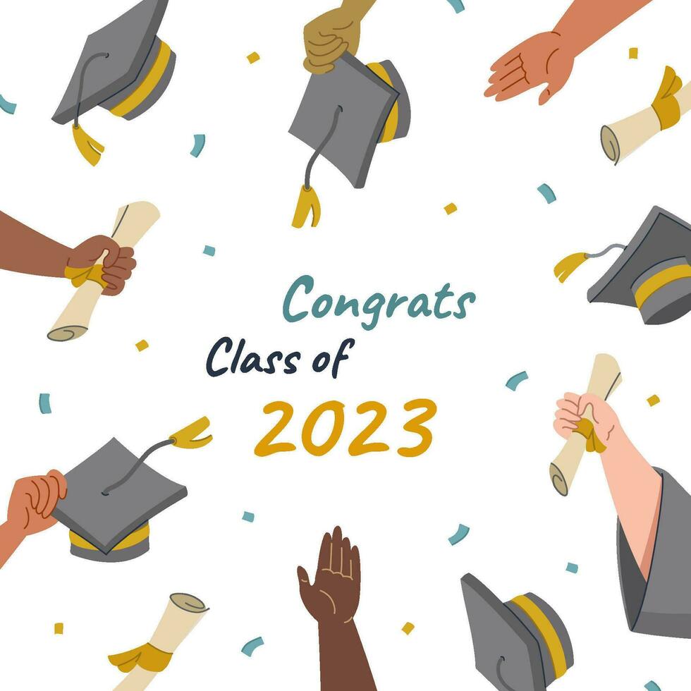 graduação classe do 2023 Parabéns cartão Projeto com aluna mãos jogando acima cápsulas e diplomas dentro a ar. moderno plano vetor ilustração em branco fundo.
