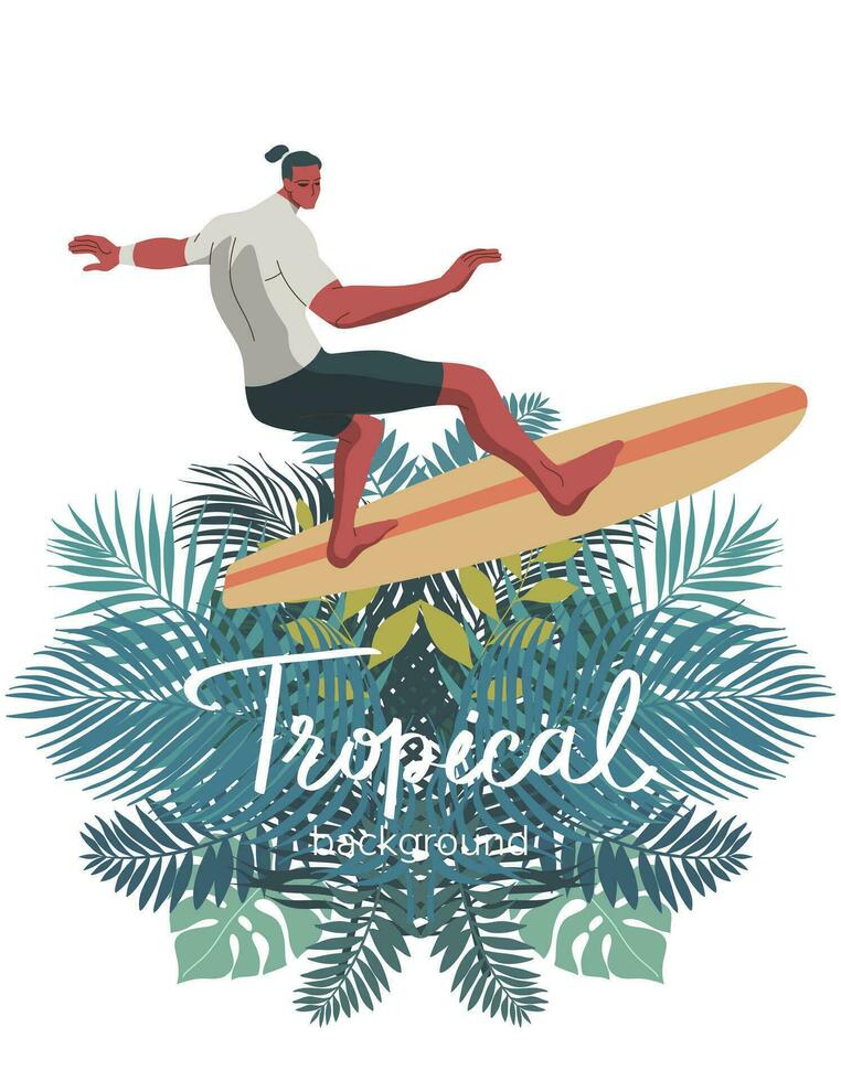 jovem homem dentro roupa de banho passeio prancha de surfe em colorida tropical folhas verão, modelo com Lugar, colocar para bandeira, texto. vetor Projeto ilustração.