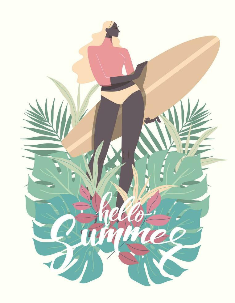 jovem mulher dentro natação terno segurando prancha de surfe em colorida tropical folhas verão, modelo com Lugar, colocar para bandeira, texto. vetor Projeto ilustração.